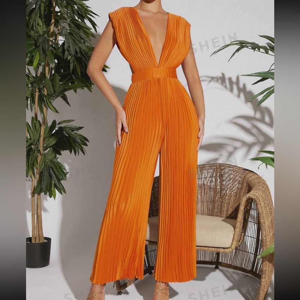 Orange Pleated V-neck Jumpsuit